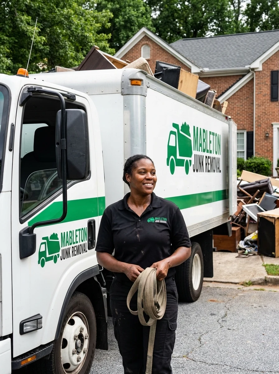 Lead crew member of Mableton Junk Removal holding moving straps beside a loaded truck