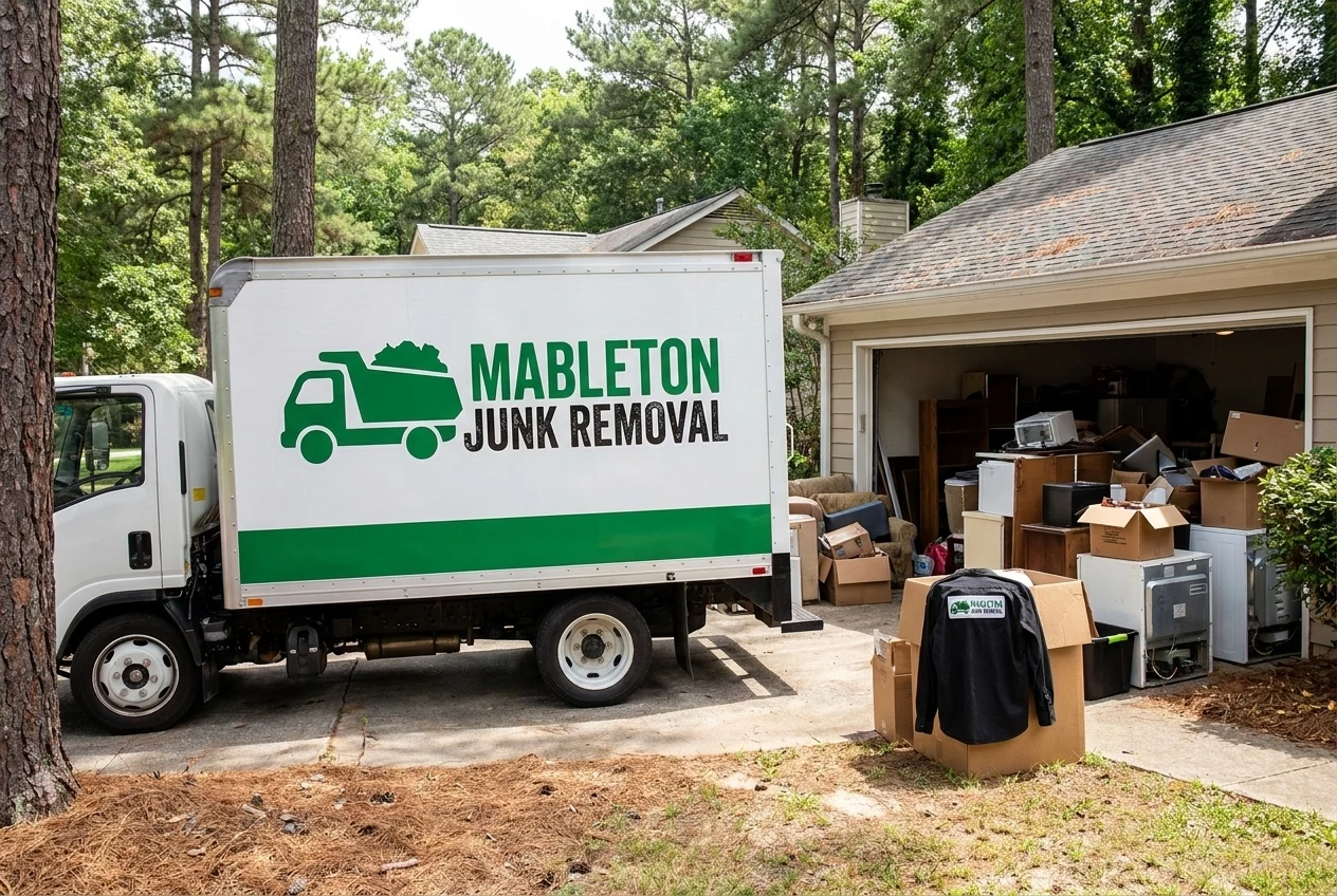 Mableton Junk Removal branded truck parked in a South Cobb neighborhood at golden hour