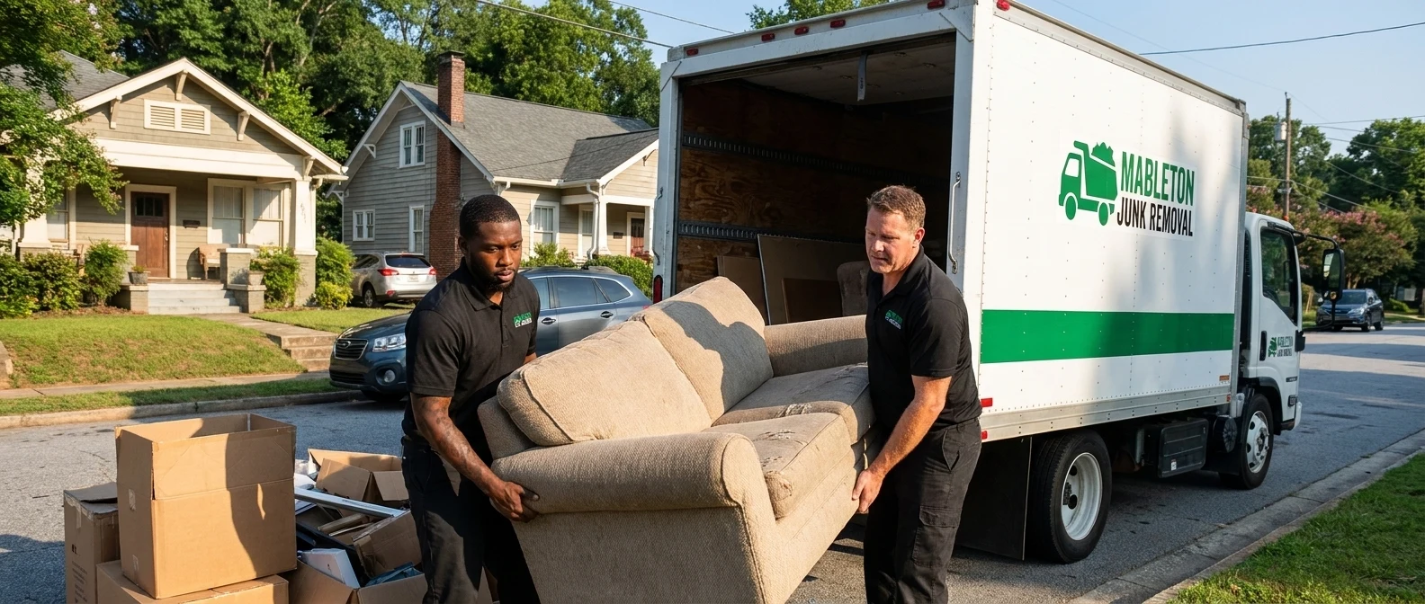 Mableton Junk Removal crew loading a branded truck with furniture