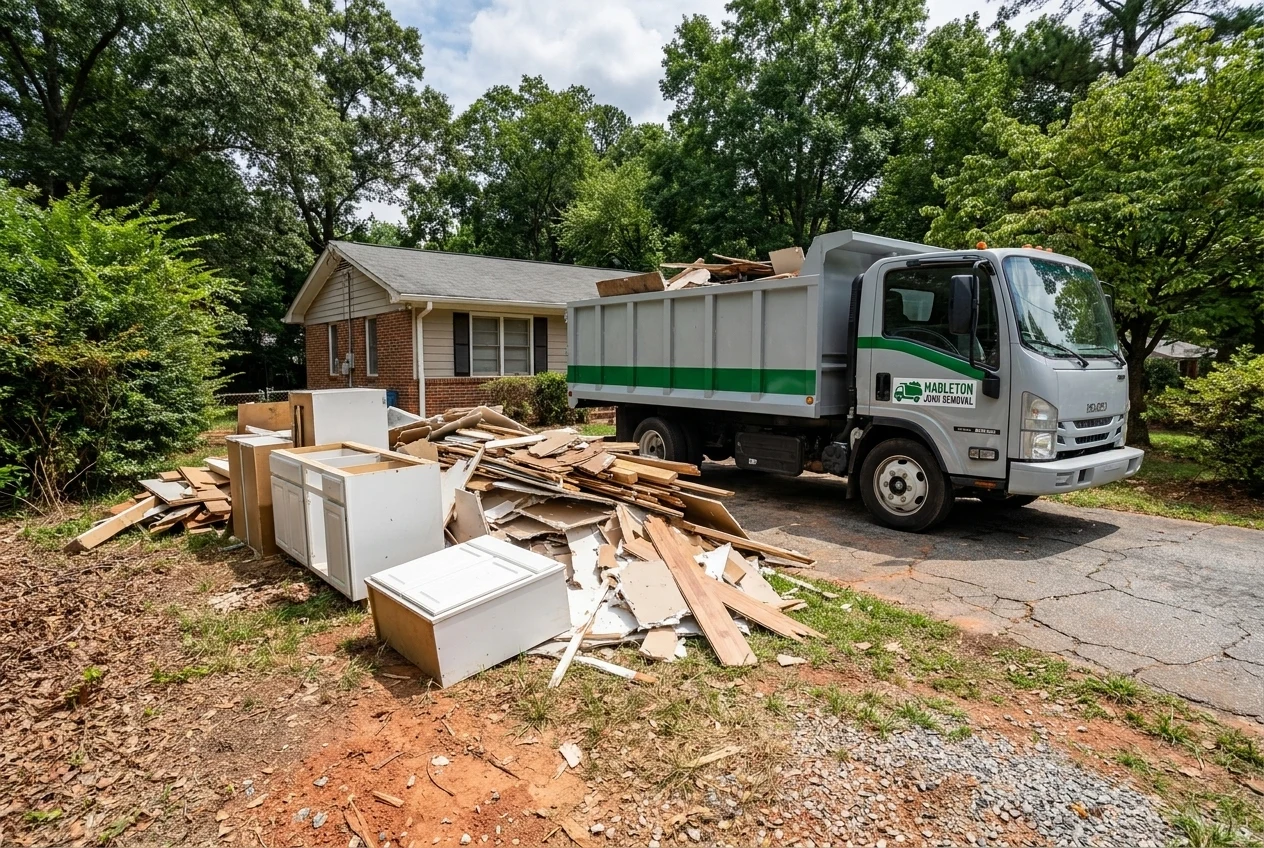 Pile of renovation debris ready for pickup outside a Mableton remodel job
