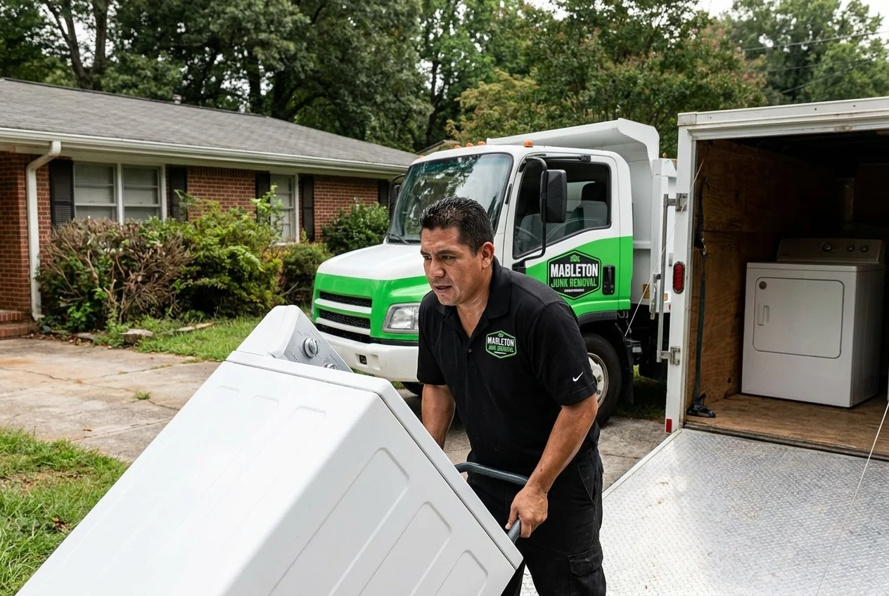 Washer and dryer being loaded into a Mableton Junk Removal trailer